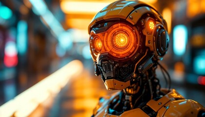 Futuristic Robot Head Glowing Lights Cityscape Background