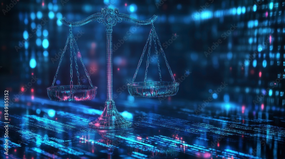 Poster digital scales of justice on abstract tech background.