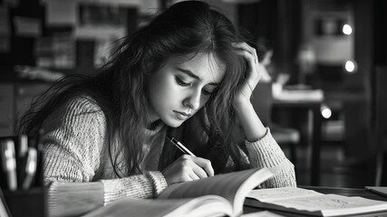 Woman sitting at table with pen and paper. Girl sitting on table in room. Book glares open in the light. A woman seated at a table with a notebook and a lifestyle pen.