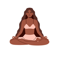 African american woman meditating in lotus pose. Black girl sitting in zen yoga position in peace. Relaxation exercise. Vector illustration isolated on white background