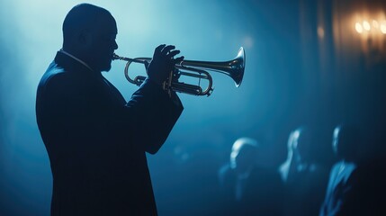 silhouetted trumpet player on dimly lit stage with smoky ambiance capturing soul of jazz