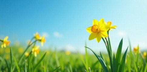 A bouquet of vibrant yellow daffodils stands alone in a lush green meadow under clear blue skies, blossom, yellow