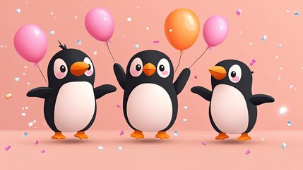 Naklejka premium Cartoon Penguins with Balloons in Celebration
