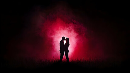 Fototapeta premium Silhouette Couple Kissing In Red Light
