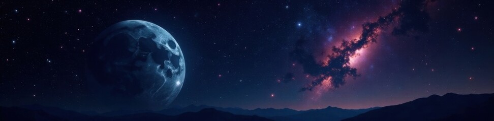Fototapeta premium A galaxy with stars and a large moon in the foreground against an inky black sky background , night, celestial