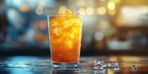 Refreshing iced beverage with ice cubes on a bar table during evening hours
