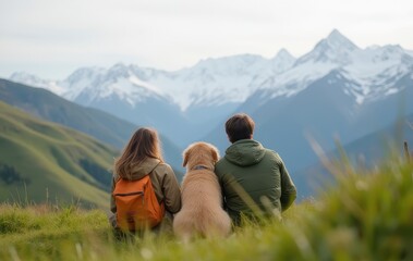 Fototapeta premium Couple and Dog Admiring Mountain View