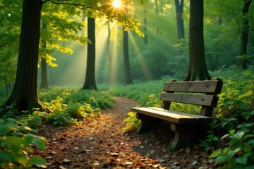A rustic wooden bench in a forest surrounded by trees and foliage, wooden surface, rustic