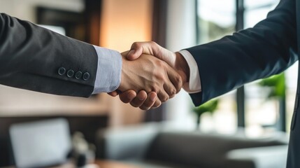 Close-up Shot of a Handshake Between Two Business Professionals, Symbolizing a Deal, Agreement, or Partnership in a Modern Office Setting.