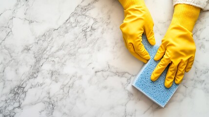 Cleaning marble countertop with sponge, gloves, kitchen