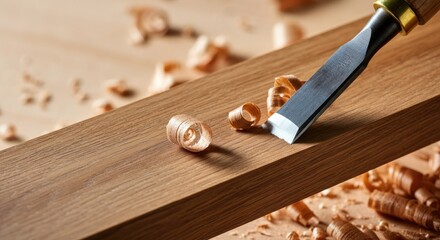 Woodworking chisel shaving wood on workbench