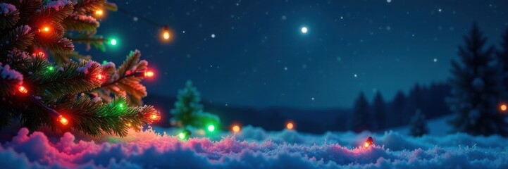 A vibrant arrangement of red green blue and yellow Christmas lights against a dark sky with twinkling stars on a clear frosty night , christmas, winter