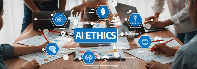 Engaging Business Meeting Focused on AI Ethics with Visual Elements Depicting Responsibility,...