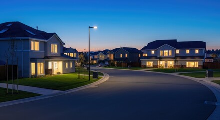 Modern suburban neighborhood at dusk with illuminated homes and street lights