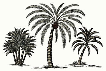 51 Palm trees, tropical foliage, isolated on white background, botanical illustration, photorealistic, detailed textures, fronds, trunks, nature photography, exotic plants, varied colors, green and br