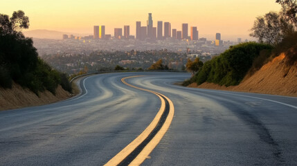 Fototapeta premium Curving road leads to the Los Angeles skyline as the sun sets behind the city, casting warm golden lights over the buildings and surrounding landscape