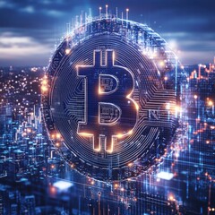Futuristic Bitcoin over cityscape at night. Possible use Cryptocurrency, technology, investment