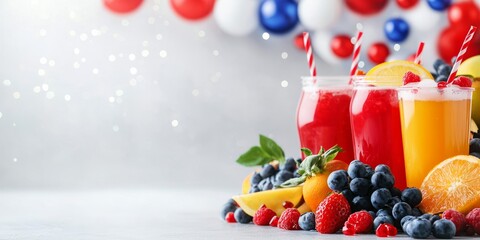 Naklejka premium Refreshing Summer Fruit Juices in Bright Jars with Straw Decorations