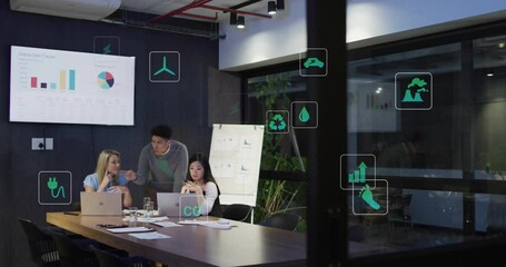 In office, diverse team discussing sustainability data with eco-friendly animation icons - Powered by Adobe