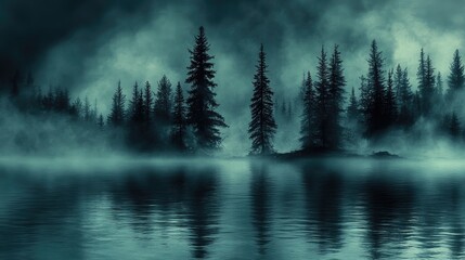 Misty forest lake at night, tranquil scene, possible use for wallpaper or desktop background