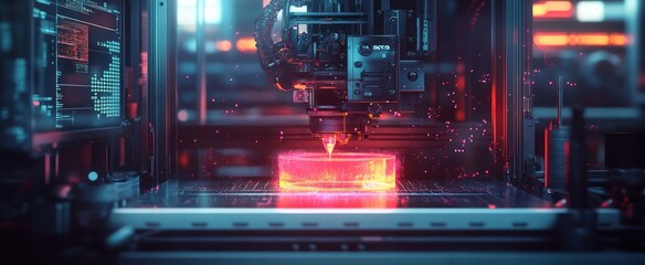 Futuristic 3D printer creates glowing object; digital background