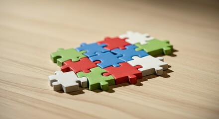 Colored jigsaw puzzle pieces on wooden surface