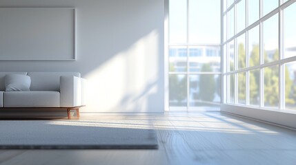 Modern Minimalist Living Room Interior Design with Large Window and Sunlight