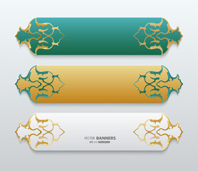 Set of 3d golden and green banner with floral elements