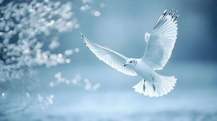 Obraz premium Flying White Seagull in Winter Wonderland, Frozen Tree Branches, Cold Scenery