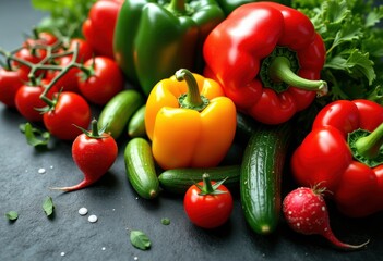 vibrant colorful array fresh vegetables slate background organic display culinary delight, herb, ingredient, market, garden, basket, health, nutrition