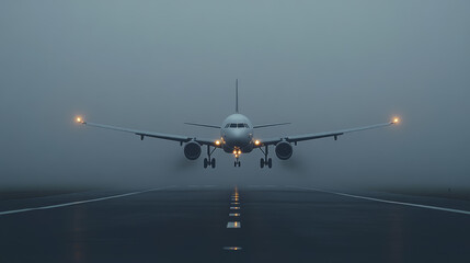 An airplane approaches the runway amidst thick fog during early morning hours. The reduced visibility emphasizes the importance of precise navigation and airport safety protocols