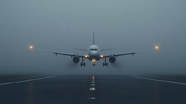An airplane approaches the runway amidst thick fog during early morning hours. The reduced visibility emphasizes the importance of precise navigation and airport safety protocols