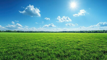 Lush green field under a vibrant blue sky