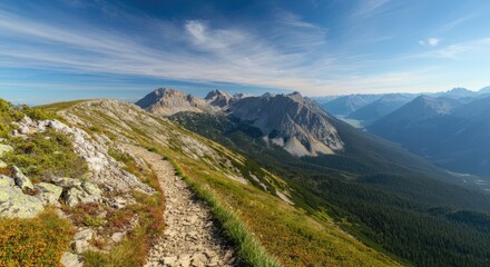 Fototapeta premium Mountain hiking trail with panoramic view of rugged peaks under clear sky
