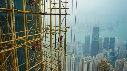 Traditional bamboo scaffolding used in modern skyscraper construction in Hong Kong