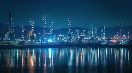 Obraz premium A city skyline is reflected in the water at night