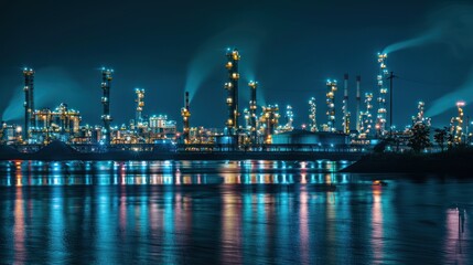 A city skyline is reflected in the water at night