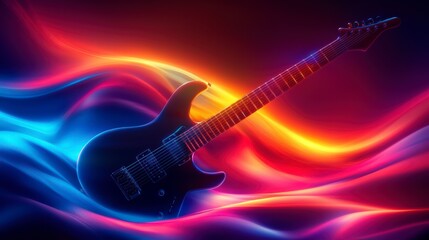 Obraz premium Electrifying Guitar Symphony: A captivating electric guitar silhouette pulsates with vibrant, neon-like colors, amidst an abstract, fluid background. It creates a dynamic atmosphere.