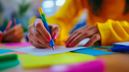 A hand writes on blank paper, surrounded by bright sticky notes and colorful pens