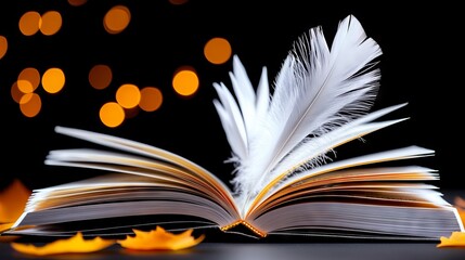 Open Book with Feather Quill and Bokeh Lights on Dark Background
