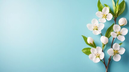 Fototapeta premium Elegant White Flowers on Branch Against Soft Blue Background