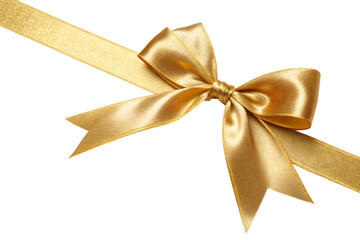 Gold satin ribbon bow tied on white background