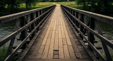 Fototapeta premium Rustic Wooden Bridge Over Serene Waterscape Guiding to Lush Green Meadow