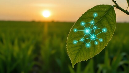 Green leaf with glowing network nodes at sunset - interconnected nature