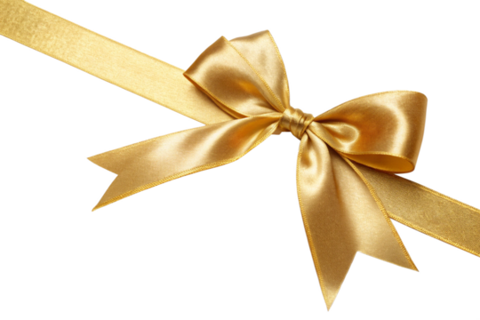 Gold satin ribbon bow tied on white background