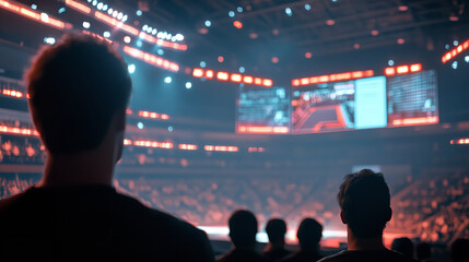 Three Fans Watching a Soccer Match in a Brightly Lit Stadium with Large Screens and a Packed Crowd