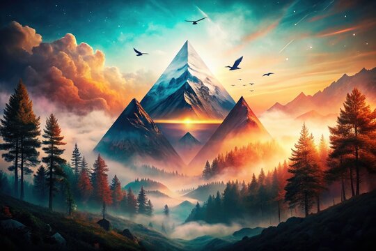 Abstract Triangle Sunset Mountain Landscape Double Exposure Photography, Birds, Trees, Nature