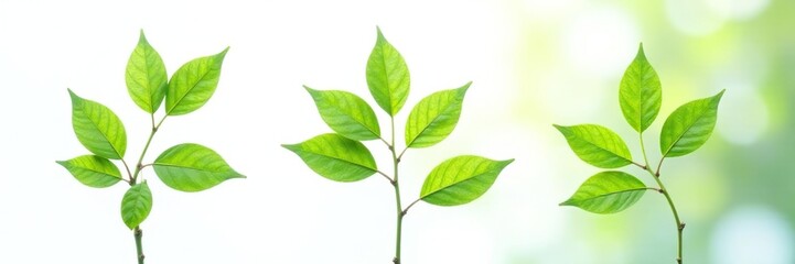 Three isolated branches in soft focus against a bright white backdrop, foliage, texture, blur