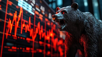 Bear market looming.  Financial downturn signified by a roaring bear and declining market trends