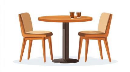 Empty cafe table with chairs, two drinks. Illustration for interior design, business, or education